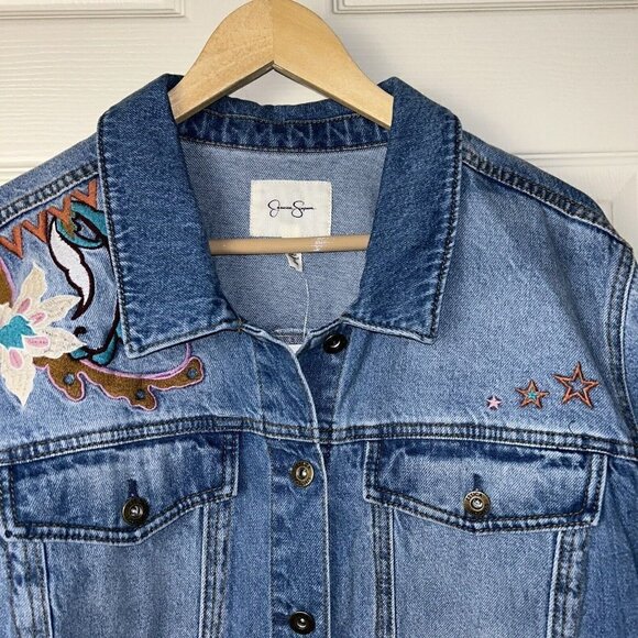Jessica Simpson Floral Reagan Trucker Relaxed Button Up Blue Jean Jacket Size 3X - Picture 3 of 7